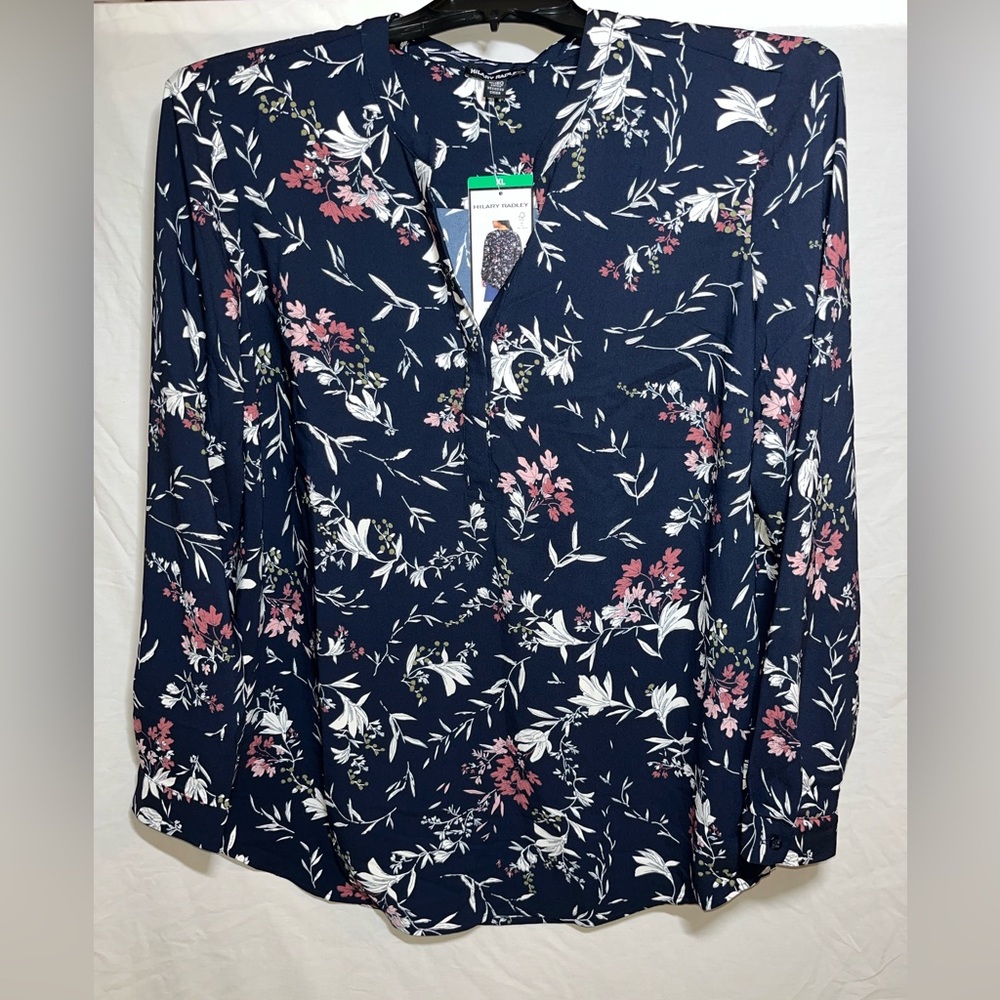 NWT HILARY RADLEY Blue Floral V-Neck Long Sleeve Blouse Women’s Size XL